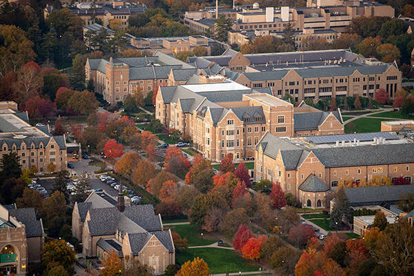 Aerial campus view of Notre Dame Avenue